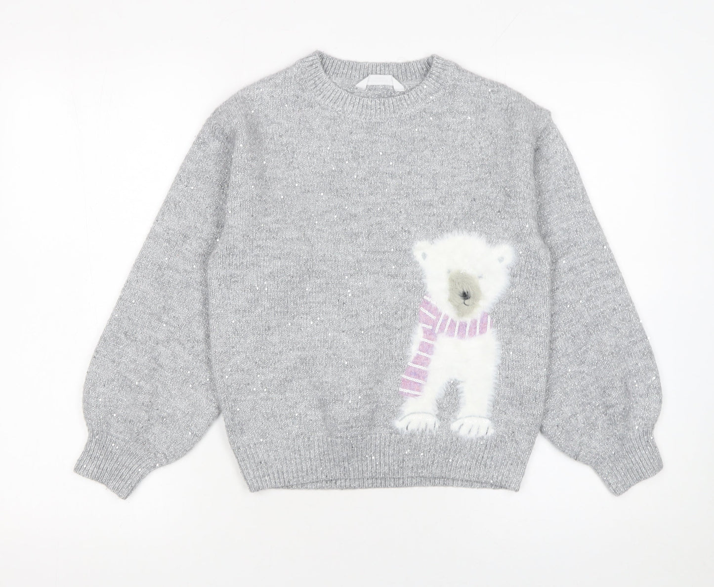John Lewis Girls Grey Sparkly Polar Bear Jumper 9 Years Crew Neck Winter