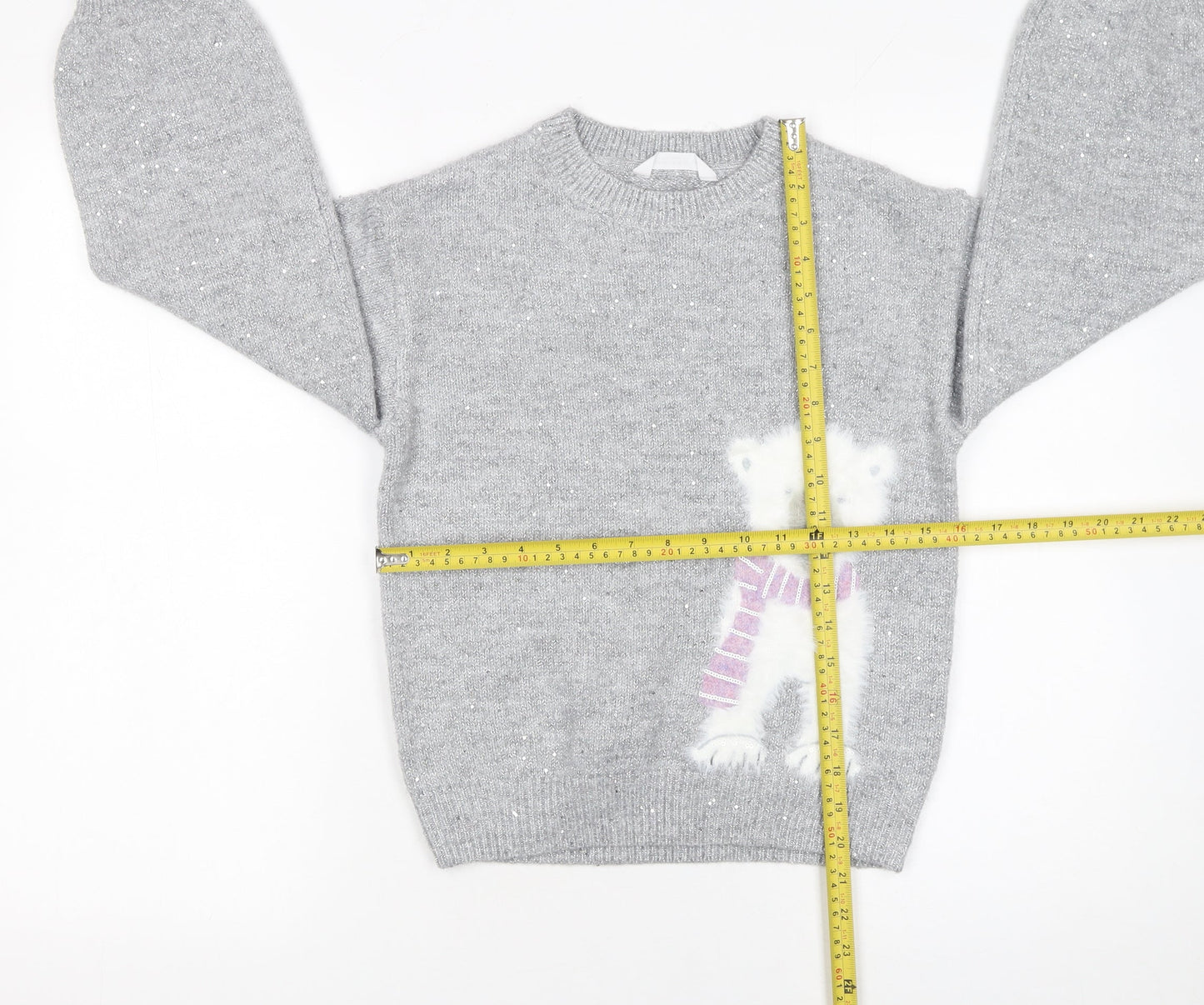 John Lewis Girls Grey Sparkly Polar Bear Jumper 9 Years Crew Neck Winter