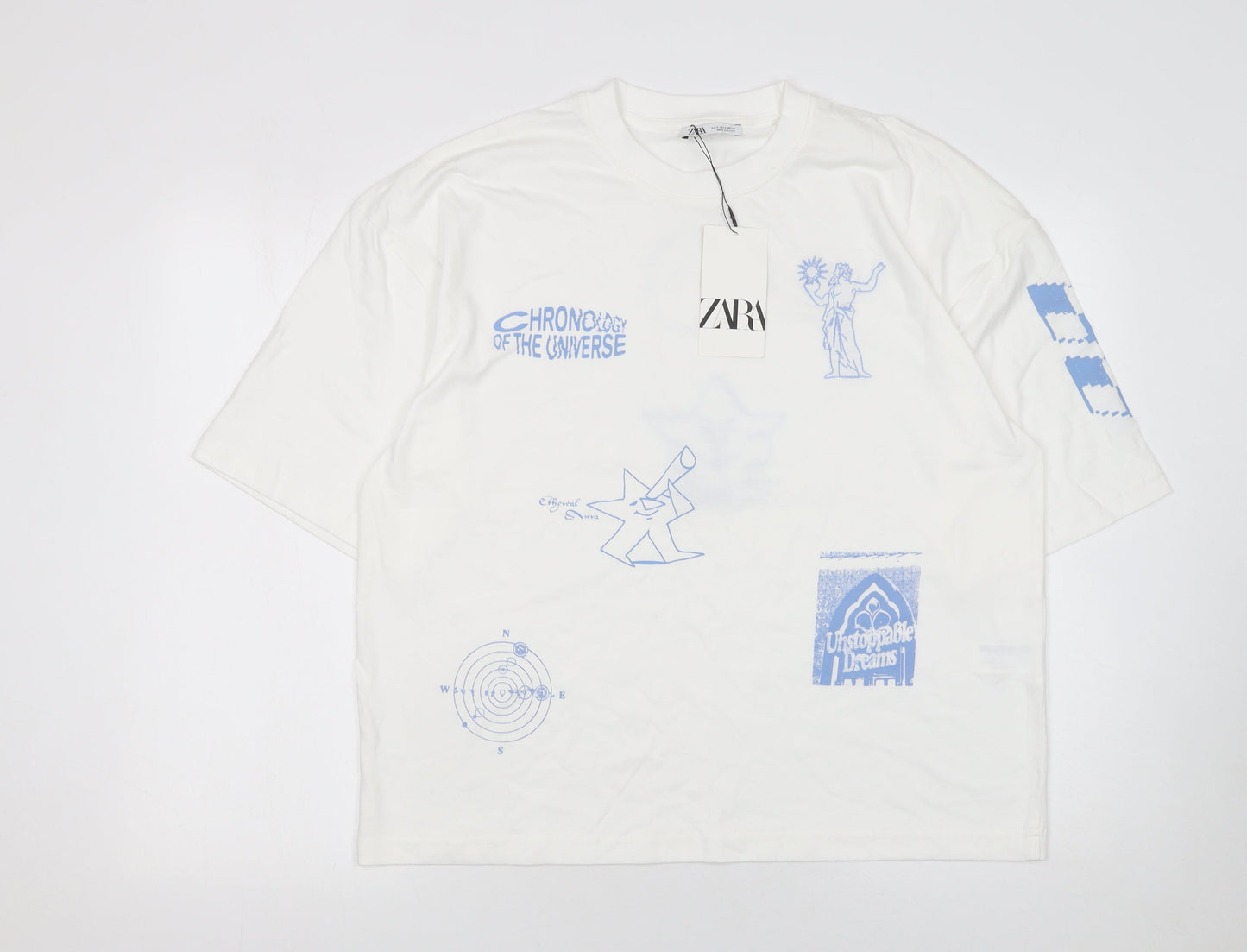 ZARA Women White Graphic Relaxed Fit T-Shirt Cotton Medium