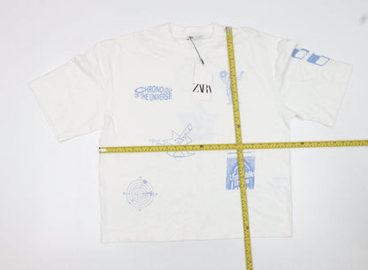 ZARA Women White Graphic Relaxed Fit T-Shirt Cotton Medium