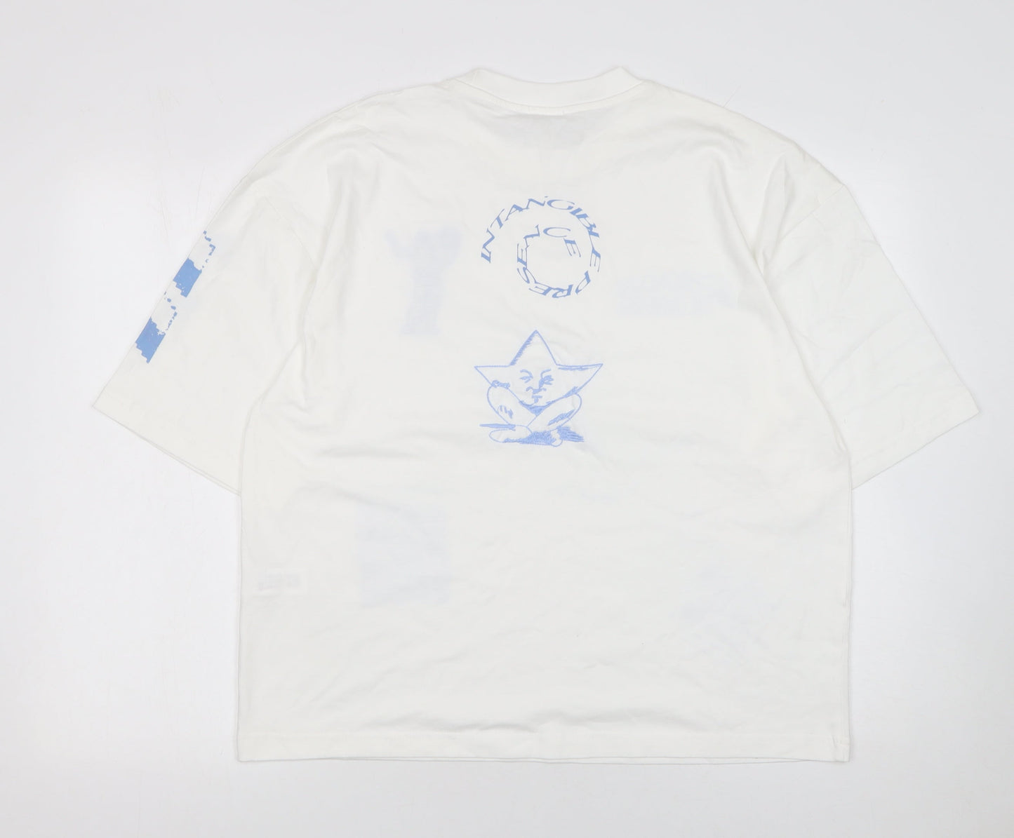 ZARA Women White Graphic Relaxed Fit T-Shirt Cotton Medium