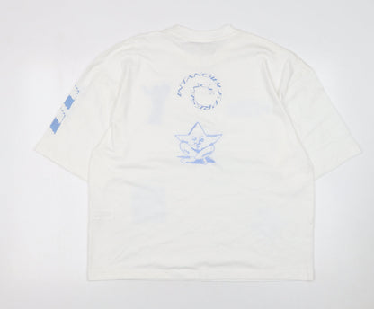 ZARA Women White Graphic Relaxed Fit T-Shirt Cotton Medium