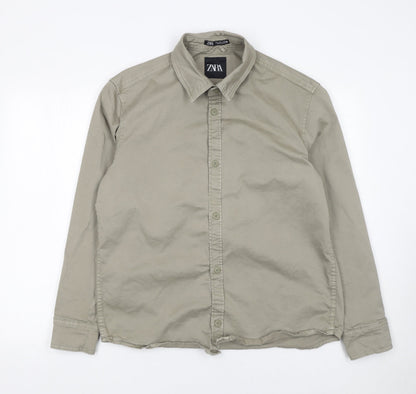 Zara Men's Beige Cotton Long Sleeve Button-Up Shirt Size L