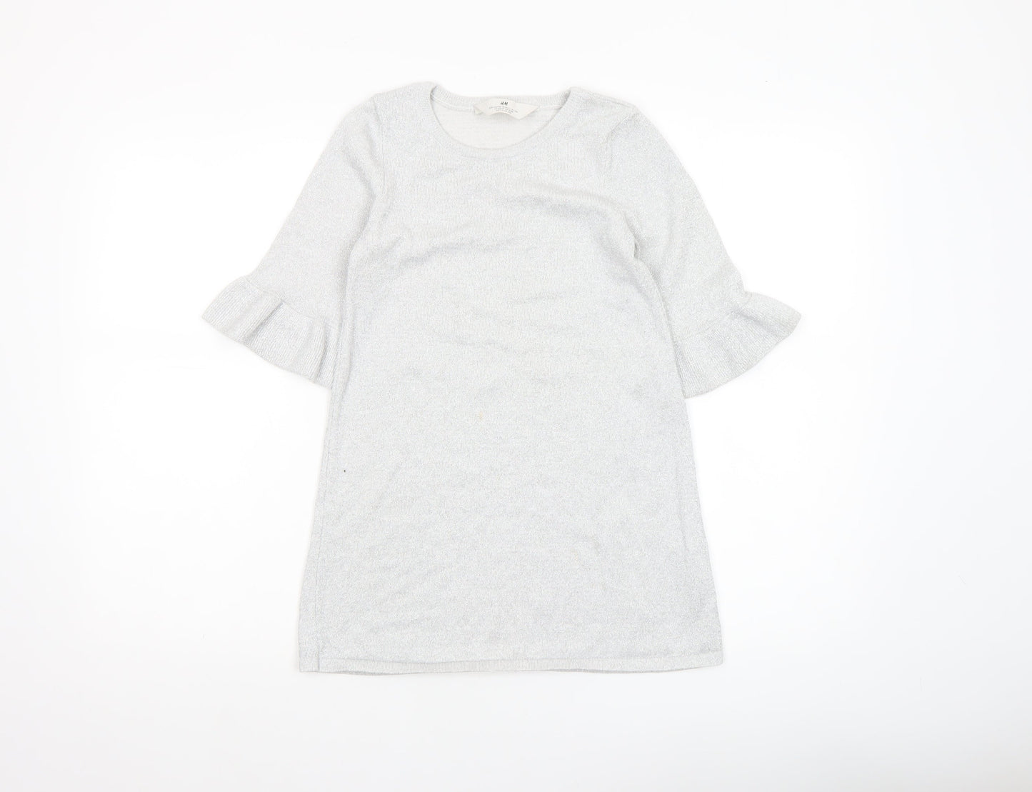 H&M Girls Silver Knit Ruffle Sleeve Shift Dress 7-8 Years