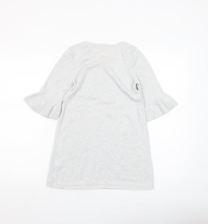 H&M Girls Silver Knit Ruffle Sleeve Shift Dress 7-8 Years