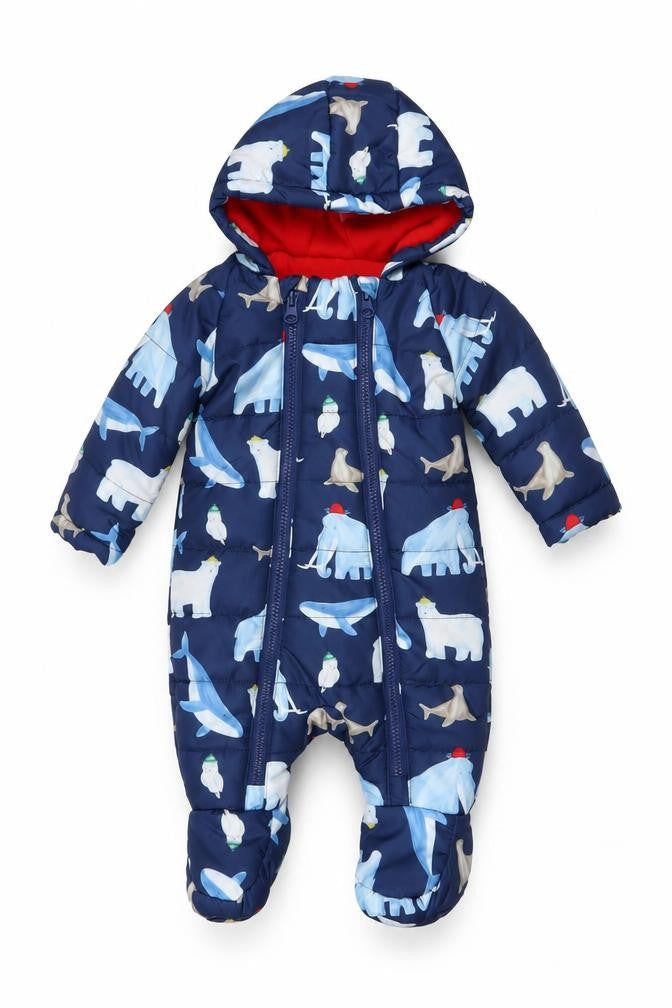 Front view of St. Bernard Blue Animal Print Baby Snowsuit 0-3 Months Hooded Padded Winter
