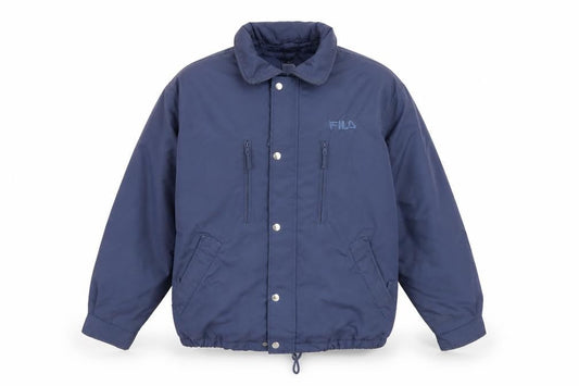 Front view of Fila men’s blue xs vintage bomber jacket lined polyester zip-up