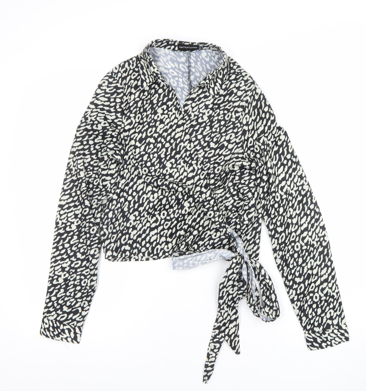 PrettyLittleThing Womens Black Animal Print Wrap Blouse UK 8