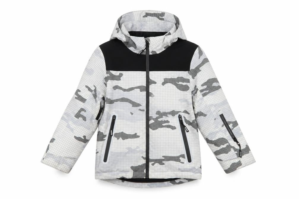 Front view of Marks & Spencer boys’ grey camouflage hooded puffer jacket 7-8 years