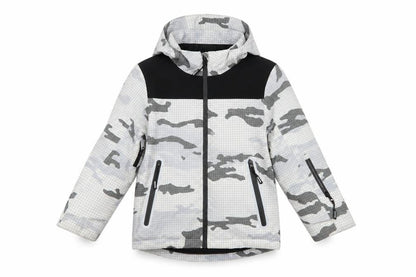 Front view of Marks & Spencer boys’ grey camouflage hooded puffer jacket 7-8 years