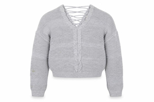 Front view of Miss Selfridge Women Grey V-Neck Cable-Knit jumper, size 8
