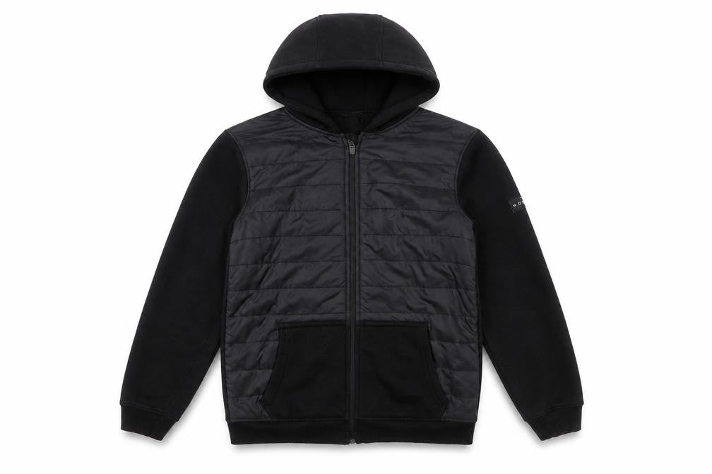 Front view of Holyfield boys’ black hooded puffer jacket 12-14 years full zip quilted