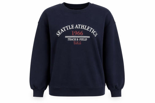 Front view of ASOS Women Navy Blue Seattle Athletics 1966 Pullover Sweatshirt, size S