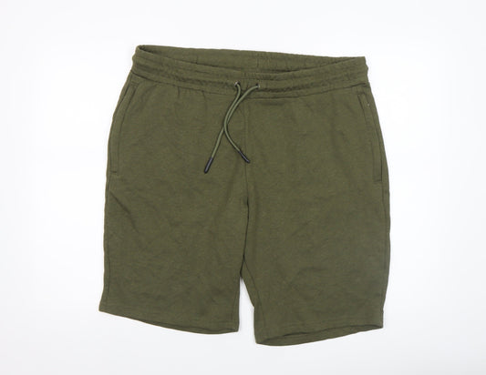 Crane Mens Green L Sweat Shorts Elastic Waist Drawstring Casual
