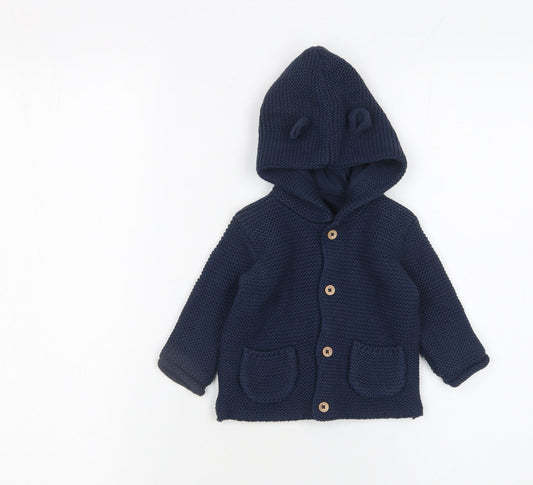 George Unisex Baby Navy Blue Cotton Hooded Knit Cardigan 3-6 Months