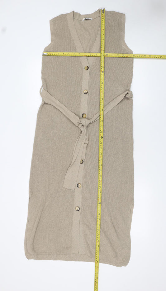 Tu Women's Beige Sleeveless Belted Knit Cardigan Size 8