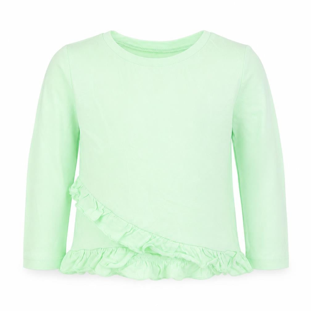 Front view of Dunnes girls’ green long sleeve ruffle t-shirt 18-24 months