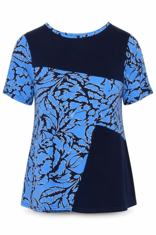 Front view of Gerard women’s blue floral 3/4 sleeve jersey tunic top, size UK 18
