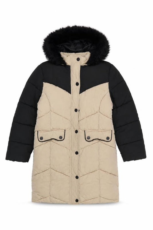 Lipsy Girls Beige Black Faux Fur Hooded Long Puffer Coat 6 Years