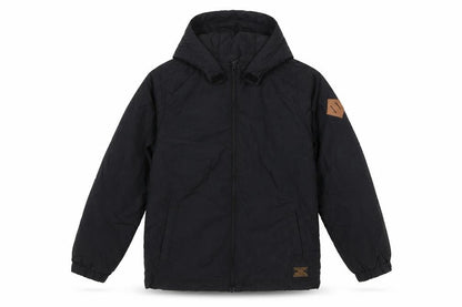 Front view of H&M boys’ black hooded puffer jacket 9-10 years polyamide lightweight