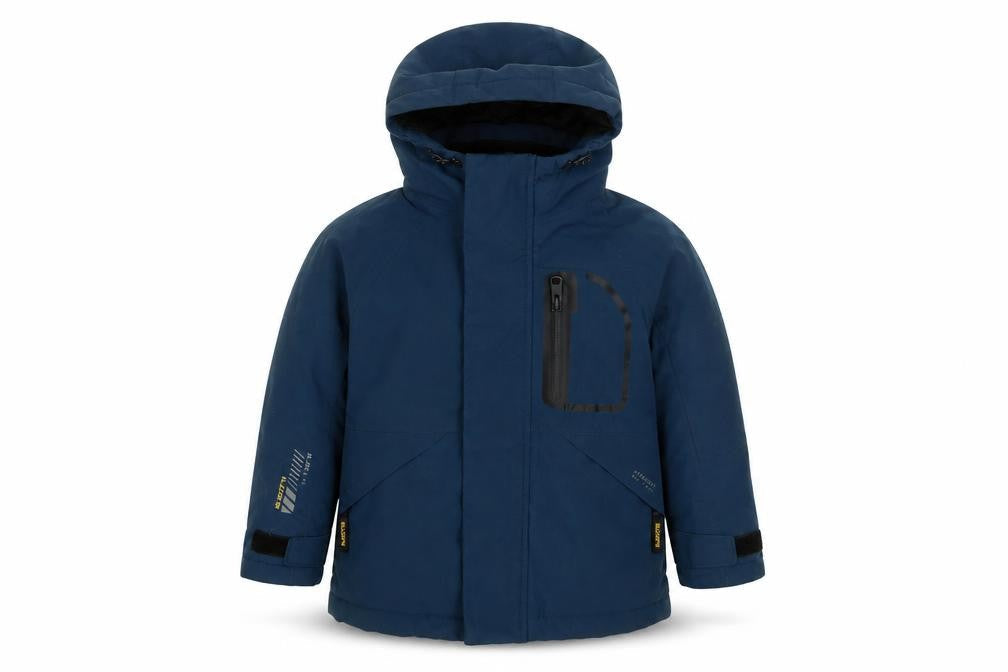 Front view of Next boys’ blue hooded waterproof puffer jacket 3 years winter coat