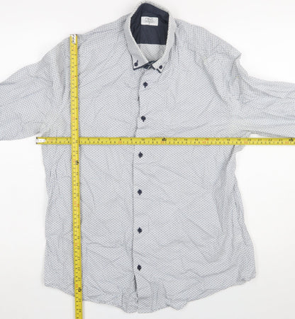 Next Men's Blue Patterned Button-Up Long Sleeve Cotton Shirt Medium