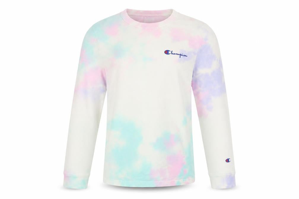 Front view of Champion unisex multicoloured tie-dye xs long sleeve cotton top