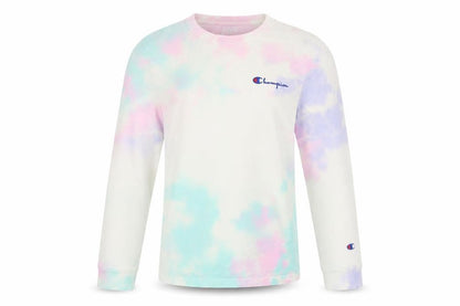 Front view of Champion unisex multicoloured tie-dye xs long sleeve cotton top
