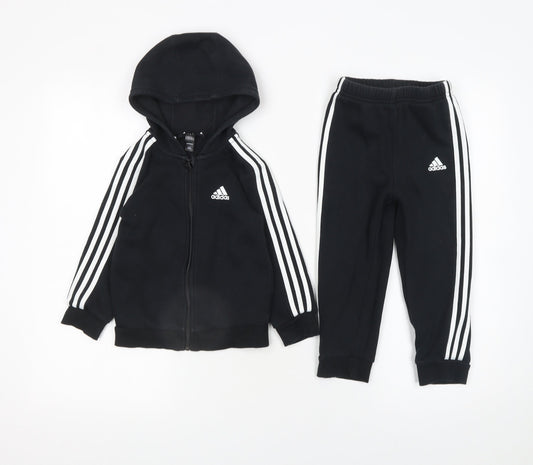 Adidas Boys Black 3-Stripe Hoodie & Joggers Tracksuit Set 3 Years