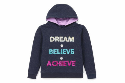 Front view of Monsoon girls’ blue sequin 'dream believe achieve' hooded pullover 12-13 years