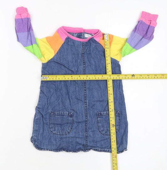 Next Girls Blue Denim Rainbow Raglan Long Sleeve Dress 12-18 Months