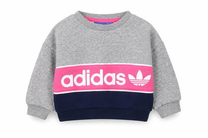 Front view of adidas unisex baby grey colourblock logo pullover sweatshirt 0-3 months