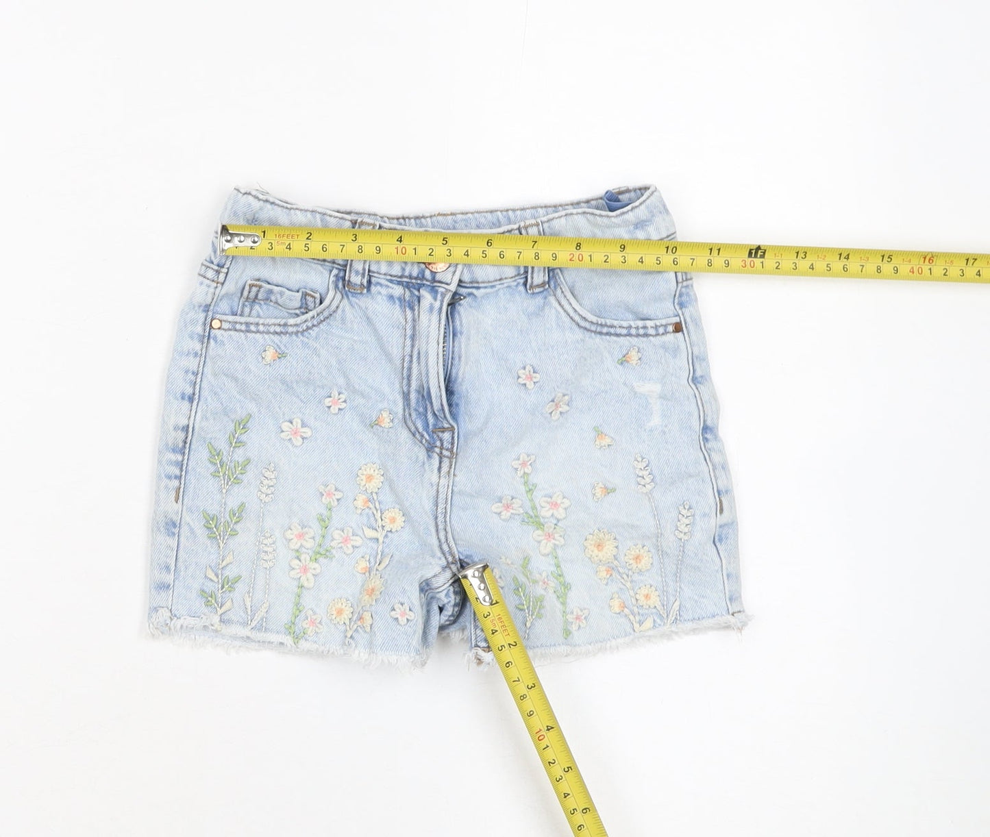 NEXT Girls Blue Floral Embroidered Denim Cut-Off Shorts Size 6 Years