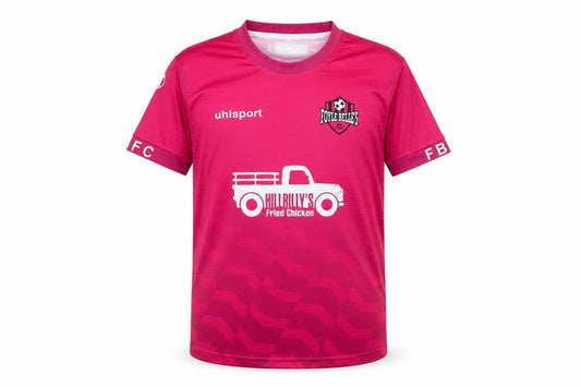 Front view of Uhlsport boys’ pink football club jersey t-shirt 12-13 years
