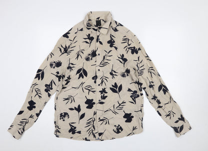 H&M Men’s Beige Floral Viscose Long Sleeve Button-Up Shirt M
