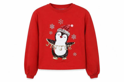 Front view of Lipsy girls’ red sequin penguin christmas pullover sweatshirt 11-12 years