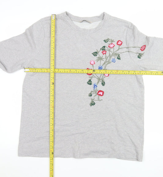 Tu Women Grey Floral Embroidered Long Sleeve Cotton Blend T-Shirt Size 14