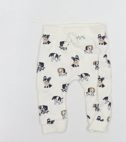 George Unisex Baby White Cotton Dog Print Jogger Trousers 3-6 Months
