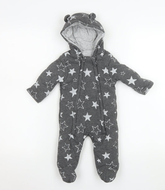 George Unisex Baby Grey Star Print Cotton Hooded Coverall 3-6 Months