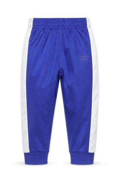 Front view of Reebok boys’ blue track pants 2 years elastic waist polyester activewear
