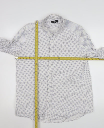 Dunnes Stores Men's White & Blue Polka Dot Cotton Button-Up Shirt Large