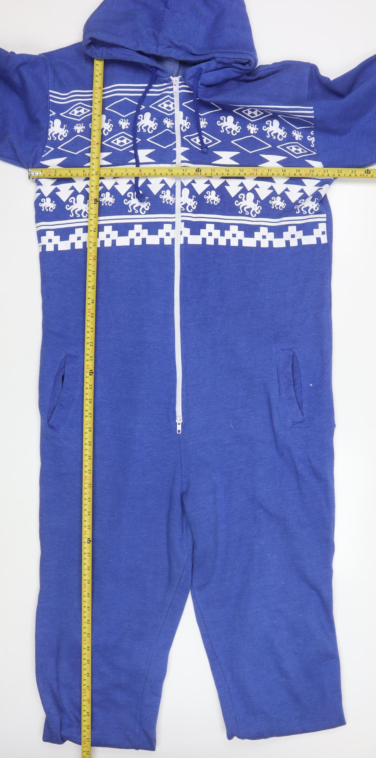 Modern Casuals Men's Blue Fair Isle Hooded Onesie L Zip One Piece