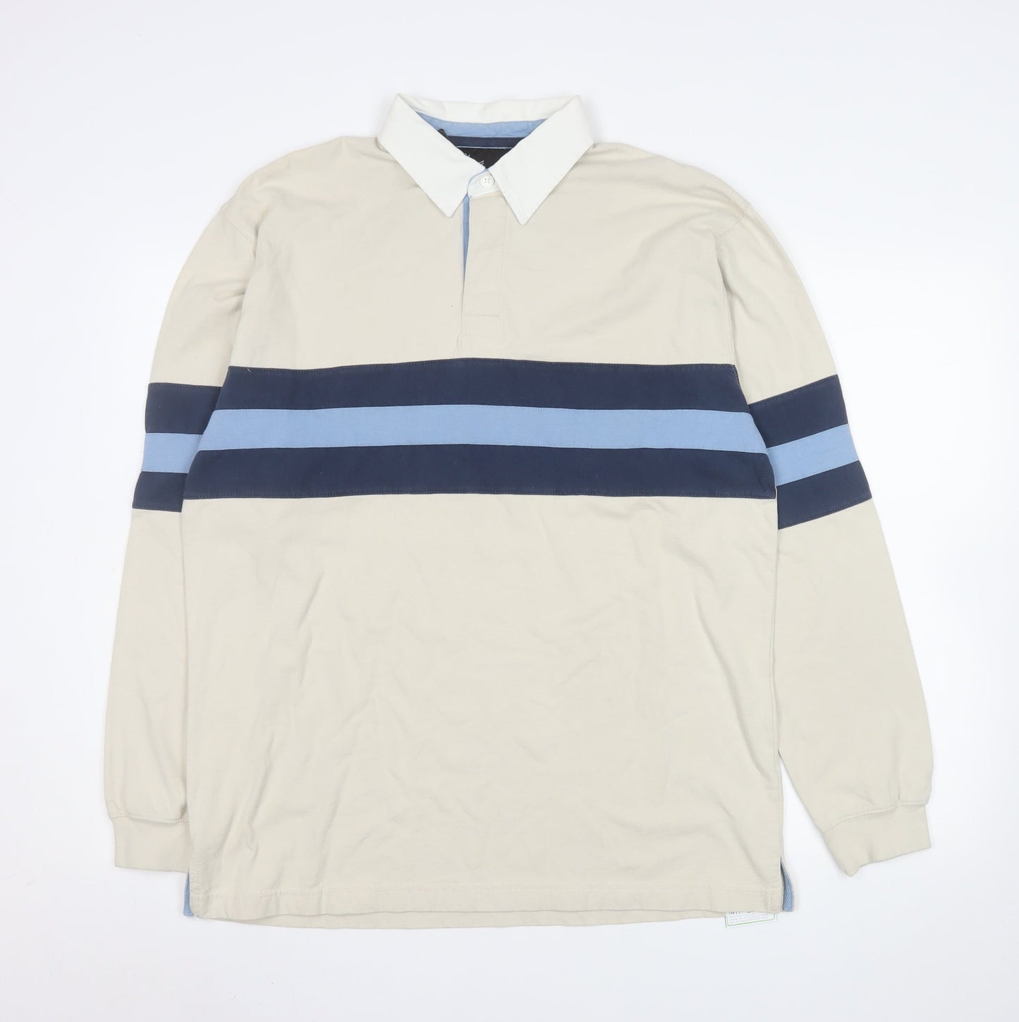 BHS Men’s Beige Long Sleeve Striped Polo Shirt Size M 100% Cotton