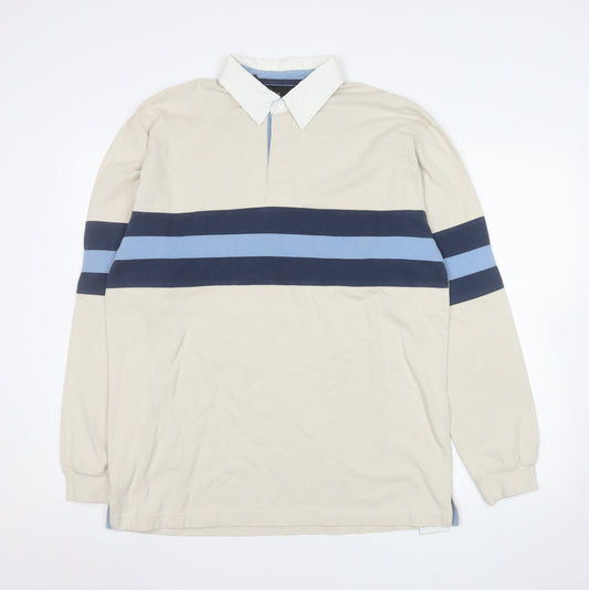 BHS Men’s Beige Long Sleeve Striped Polo Shirt Size M 100% Cotton