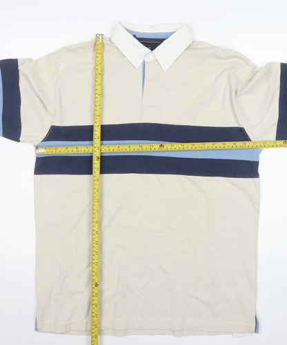 BHS Men’s Beige Long Sleeve Striped Polo Shirt Size M 100% Cotton