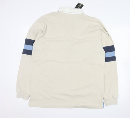 BHS Men’s Beige Long Sleeve Striped Polo Shirt Size M 100% Cotton