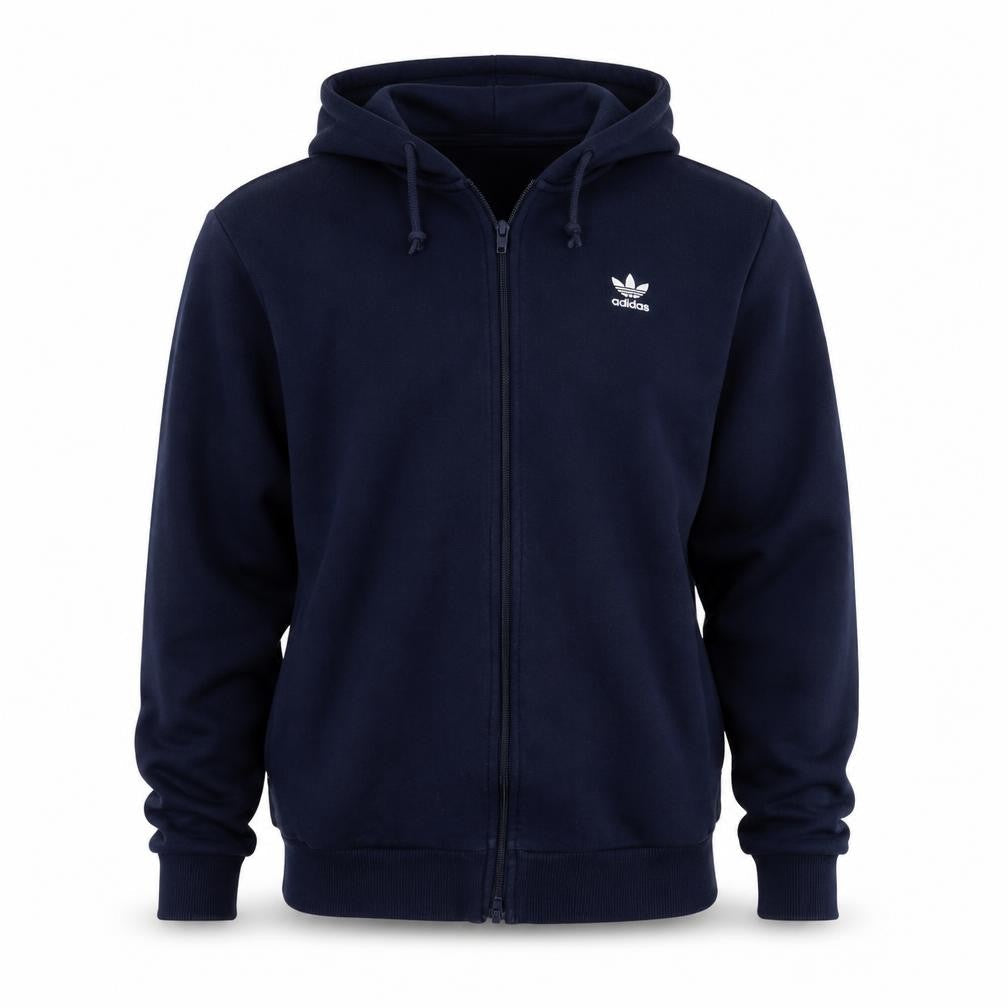 Front view of Adidas Men's Navy Full Zip Hoodie Small Trefoil Logo Fleece Cotton Blend