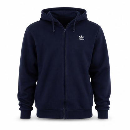 Front view of Adidas Men's Navy Full Zip Hoodie Small Trefoil Logo Fleece Cotton Blend