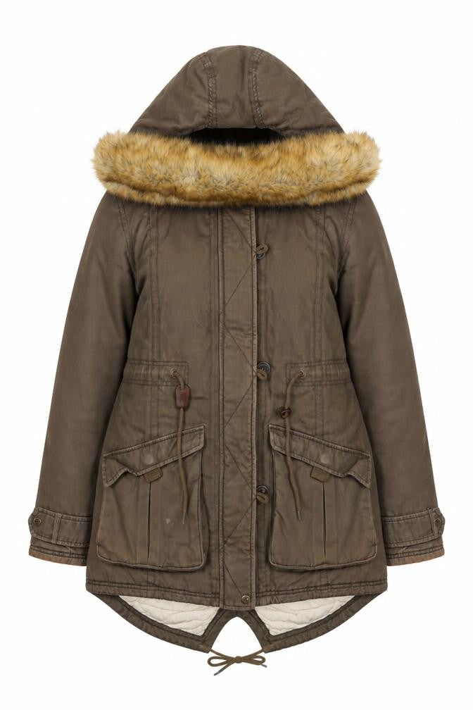 Puffa Womens Brown Cotton Fur Trim Hooded Parka Coat Size 12