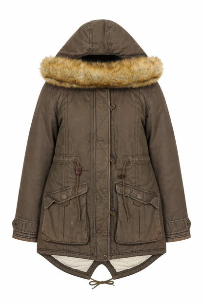 Puffa Womens Brown Cotton Fur Trim Hooded Parka Coat Size 12